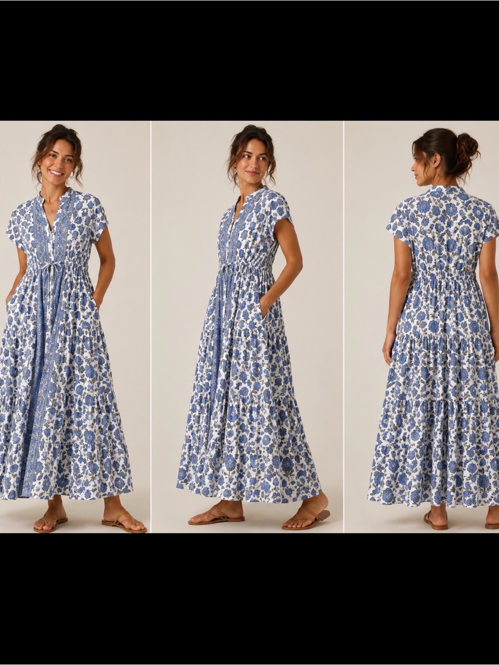 Victoria Dunn Blue Floral Block Print Cotton Midi Dress Made in India | M - Picture 2 of 14